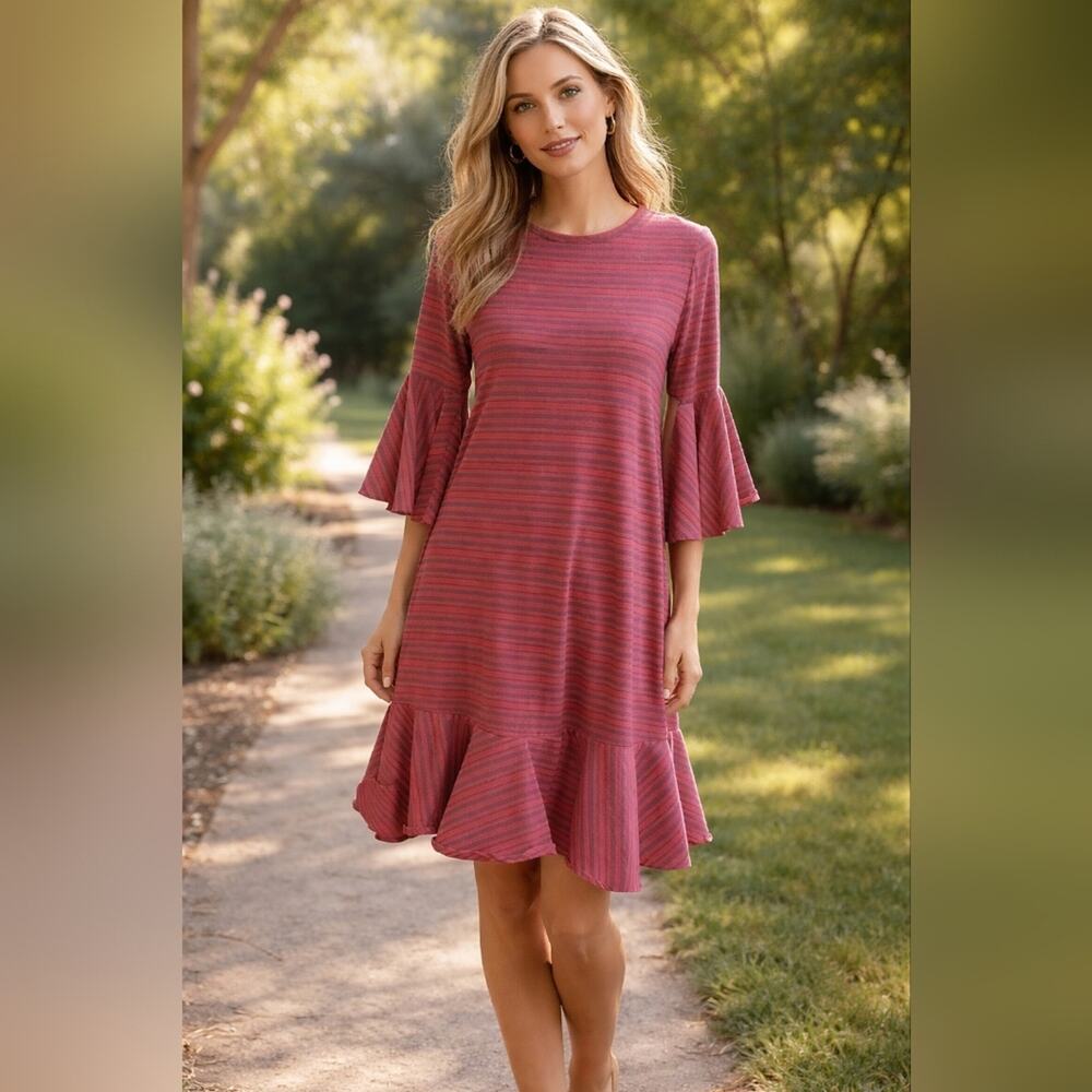 NWT Lularoe Maurine Red & Gray Ruffled Stripe Dress sz S #1055